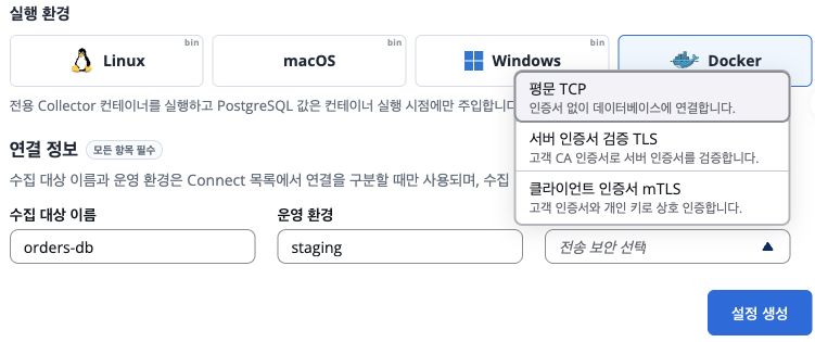 PostgreSQL 설정 계획에서 평문 TCP, TLS, mTLS 전송 보안 선택지를 펼친 화면