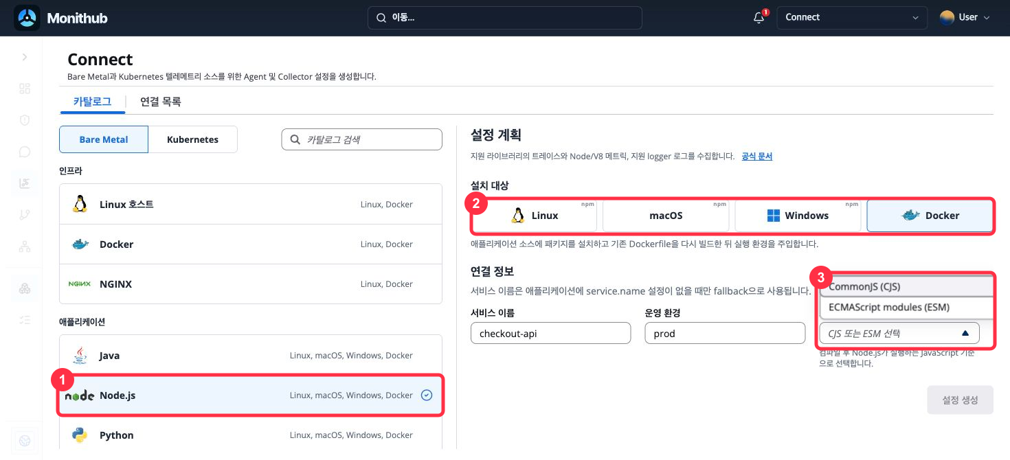 Node.js 카탈로그와 npm 설치 대상, CJS와 ESM 모듈 방식 선택 영역이 순서대로 강조된 Connect 화면