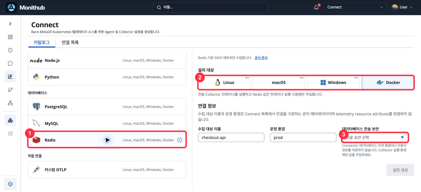 Redis 카탈로그, Collector 실행 환경, 데이터베이스 전송 보안 선택 영역이 순서대로 강조된 Connect 화면
